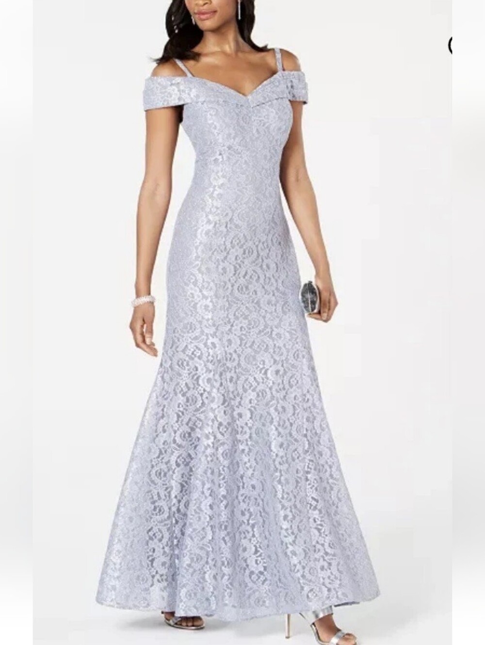 R&M Richards Gray Sparkle Lace Off Shoulder Mermaid Gown Size 14